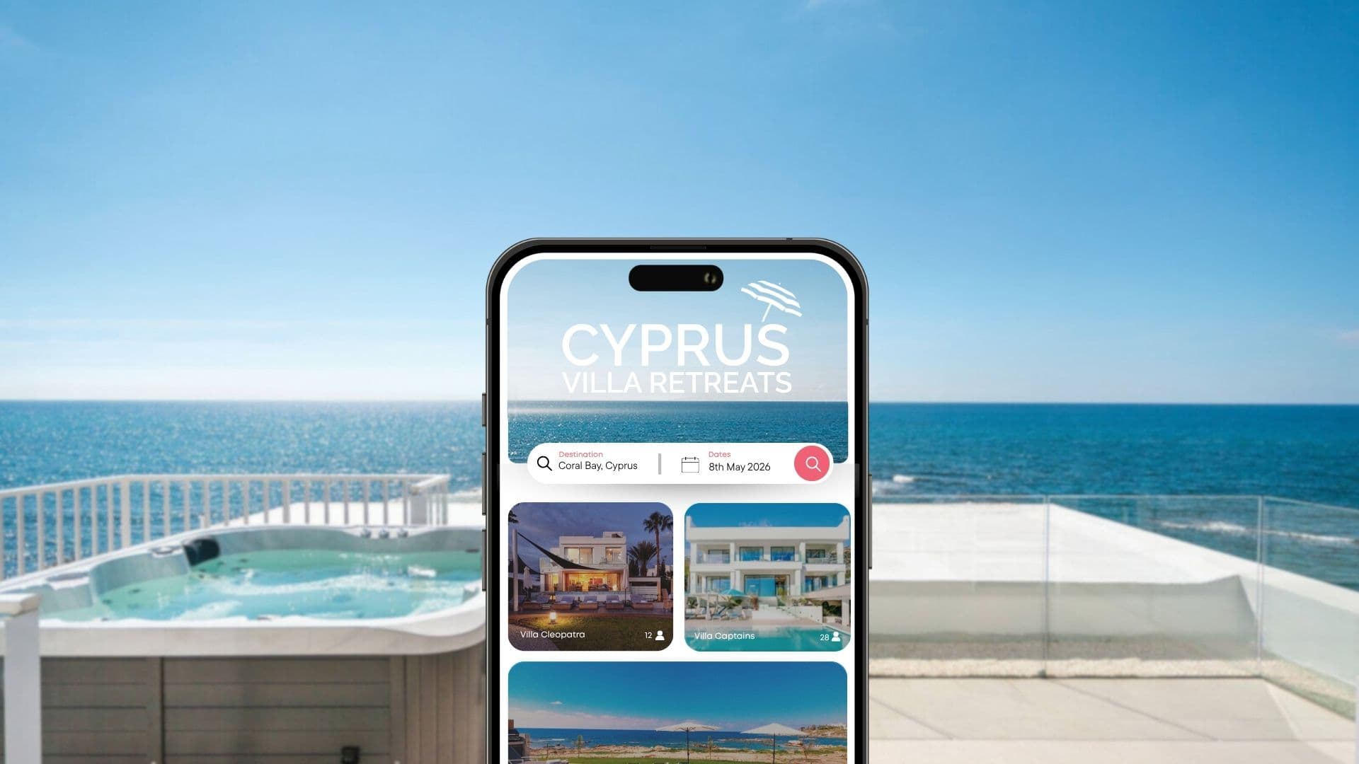The Cyprus Villa Retreats app shown over a sea-view villa terrace